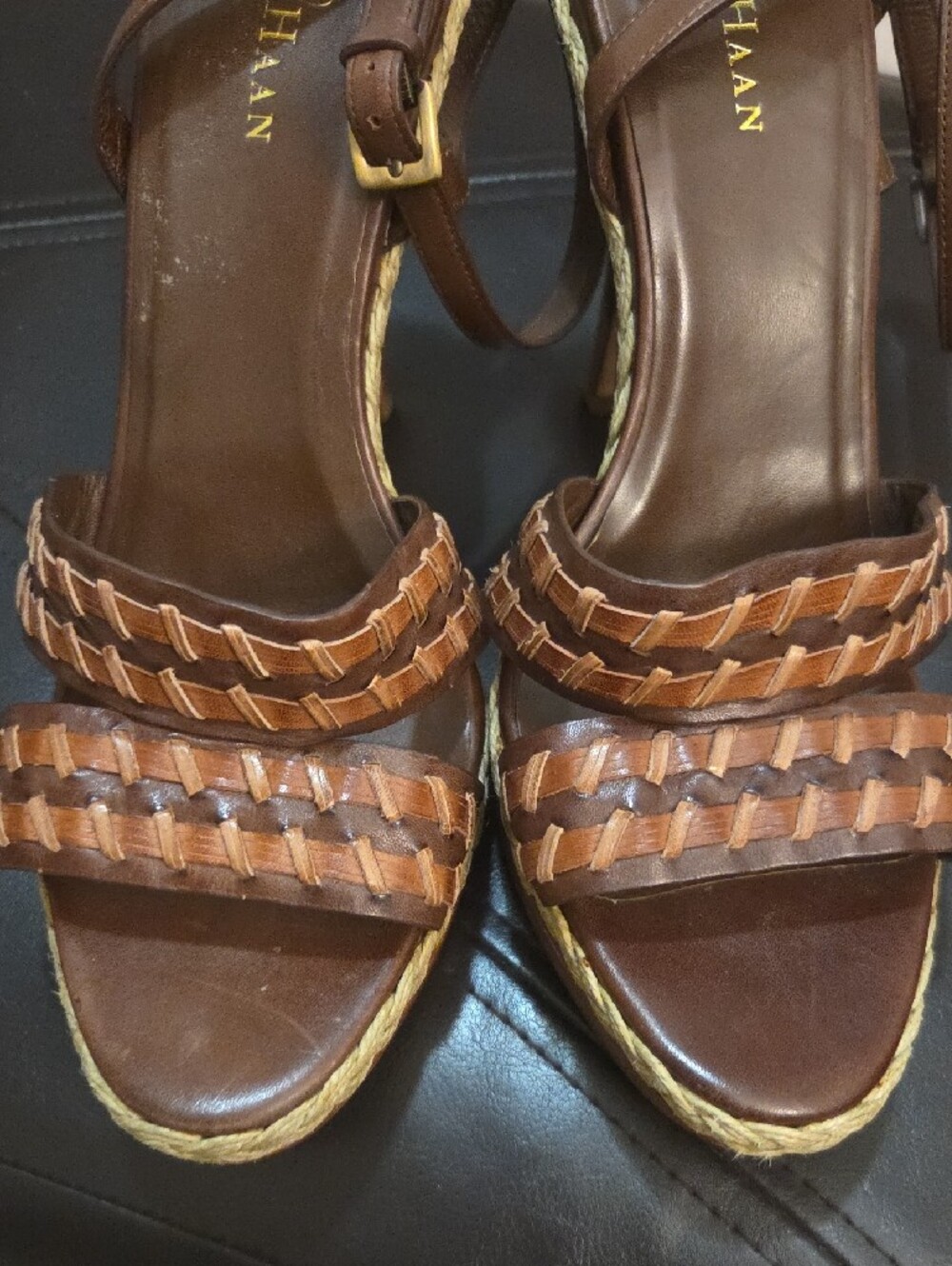Cole Haan Vanessa Nike Air Brown Woven Leather Platform Heels Ankle Strap Sz 10 - Picture 11 of 13